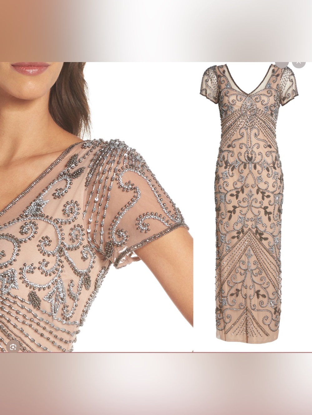 Pisarro Nights $268 Rose Nude w/ Silver Beading & Sequins V-Neck Maxi Dress Sz 2